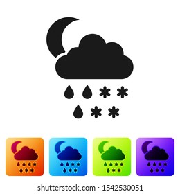 Black Cloud with snow, rain and moon icon isolated on white background. Weather icon. Set icons in color square buttons. Vector Illustration