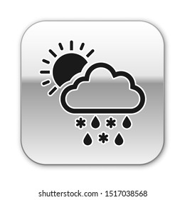Black Cloud with snow, rain and sun icon isolated on white background. Weather icon. Silver square button. Vector Illustration