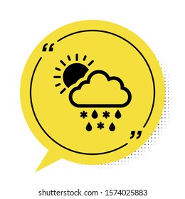Black Cloud with snow, rain and sun icon isolated on white background. Weather icon. Yellow speech bubble symbol. Vector Illustration