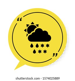 Black Cloud with snow, rain and sun icon isolated on white background. Weather icon. Yellow speech bubble symbol. Vector Illustration