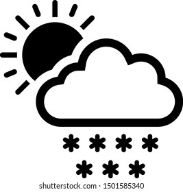 Black Cloud with snow and sun icon isolated on white background. Cloud with snowflakes. Single weather icon. Snowing sign.  Vector Illustration