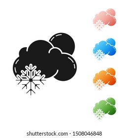 Black Cloud with snow and sun icon isolated on white background. Cloud with snowflakes. Single weather icon. Snowing sign. Set icons colorful. Vector Illustration
