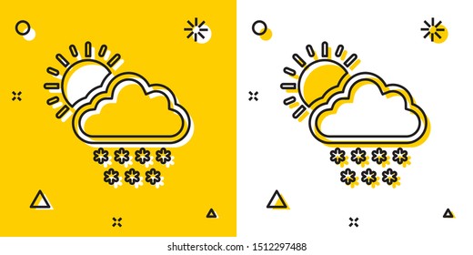 Black Cloud with snow and sun icon isolated on yellow and white background. Cloud with snowflakes. Single weather icon. Snowing sign. Random dynamic shapes. Vector Illustration