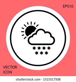 Black Cloud with snow and sun icon isolated on red background. Cloud with snowflakes. Single weather icon. Snowing sign. White circle button. Vector Illustration