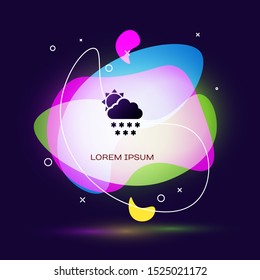 Black Cloud with snow and sun icon isolated on dark blue background. Cloud with snowflakes. Single weather icon. Snowing sign. Abstract banner with liquid shapes. Vector Illustration