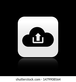 Black Cloud upload icon isolated on black background. Silver square button. Vector Illustration