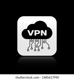 Black Cloud VPN interface icon isolated on black background. Software integration. Silver square button. Vector Illustration