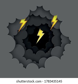 Black cloud and yellow lightning paper art background. Thunder storm effects flash. Vector illustration of cloudscape