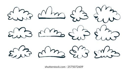 Nuvens Pretas em Estilo Desenhado à Mão com Efeito Retrô Grunge. Desenhos a lápis de nuvens. Ícones de desenhos animados abstratos e nuvens fofas.