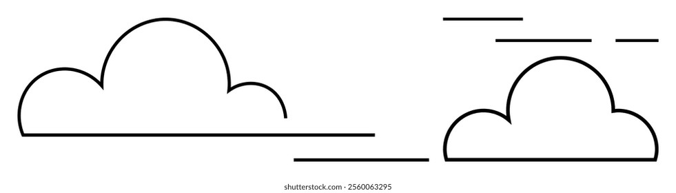Black clouds outlined with thin lines with horizontal lines suggesting movement. Ideal for weather, nature, sky, minimalism, design projects. Simple, clean, modern style. Image is vector-based