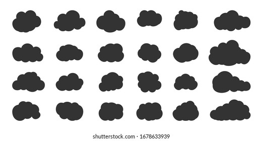 Black clouds set. Abstract glyph weather icon, different shape cloud. Comic speak bubbles, empty sign balloon text box template. Design web cloudy service symbol. Isolated on white vector illustration