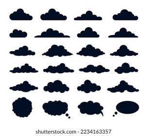 Black clouds set. Collection of silhouettes, graphic elements for website. Tenderness and aesthetics, dreams. Weather and climate. Cartoon flat vector illustrations isolated on white background