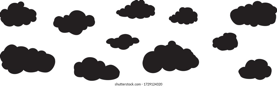 Black clouds set isolated on white background. Collection of different clouds for web site, background template, wallpaper and sky design. Creative modern concept. Clouds vector illustration