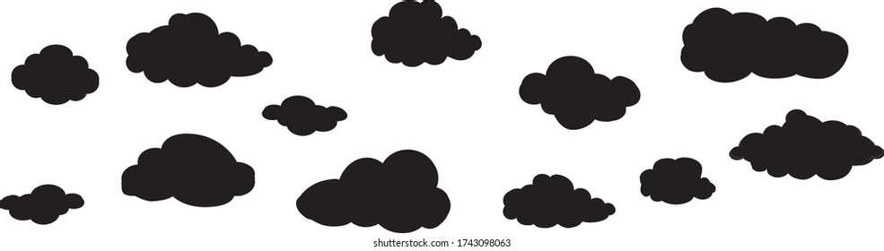 Black clouds set isolated on white background. Collection of different clouds for web site, background template, wallpaper and sky design. Creative modern concept. Clouds vector illustration