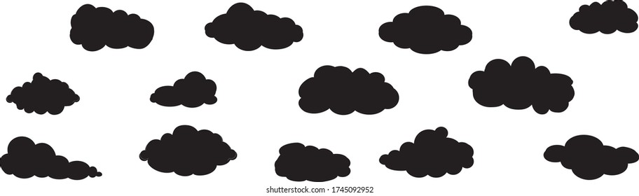 Black clouds set isolated on white background. Collection of different clouds for web site, background template, wallpaper and sky design. Creative modern concept. Clouds vector illustration