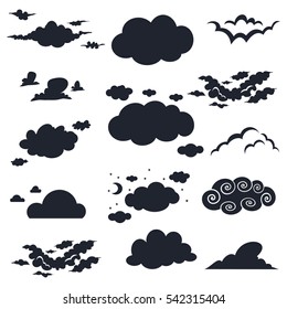 Black clouds silhouette on a white background. Cartoon vector set.