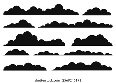 Black Clouds Silhouette Vector Set. Clouds icons isolated on white background for weather forecat and web design, presentations, infographics 