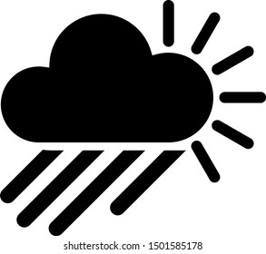 Black Cloudy with rain and sun icon isolated on white background. Rain cloud precipitation with rain drops.  Vector Illustration