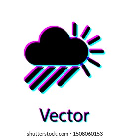 Black Cloudy with rain and sun icon isolated on white background. Rain cloud precipitation with rain drops.  Vector Illustration