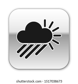 Black Cloudy with rain and sun icon isolated on white background. Rain cloud precipitation with rain drops. Silver square button. Vector Illustration