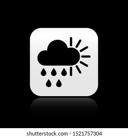 Black Cloudy with rain and sun icon isolated on black background. Rain cloud precipitation with rain drops. Silver square button. Vector Illustration
