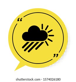 Black Cloudy with rain and sun icon isolated on white background. Rain cloud precipitation with rain drops. Yellow speech bubble symbol. Vector Illustration