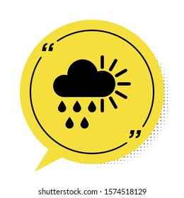 Black Cloudy with rain and sun icon isolated on white background. Rain cloud precipitation with rain drops. Yellow speech bubble symbol. Vector Illustration