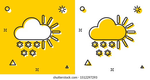 Black Cloudy with snow icon isolated on yellow and white background. Cloud with snowflakes. Single weather icon. Snowing sign. Random dynamic shapes. Vector Illustration
