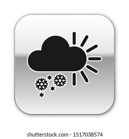 Black Cloudy with snow icon isolated on white background. Cloud with snowflakes. Single weather icon. Snowing sign. Silver square button. Vector Illustration