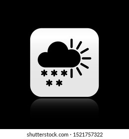 Black Cloudy with snow icon isolated on black background. Cloud with snowflakes. Single weather icon. Snowing sign. Silver square button. Vector Illustration