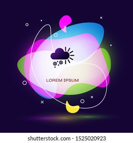 Black Cloudy with snow icon isolated on dark blue background. Cloud with snowflakes. Single weather icon. Snowing sign. Abstract banner with liquid shapes. Vector Illustration
