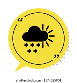 Black Cloudy with snow icon isolated on white background. Cloud with snowflakes. Single weather icon. Snowing sign. Yellow speech bubble symbol. Vector Illustration