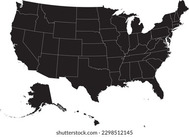 Mapa plano detallado en color CMYK NEGRO de los ESTADOS UNIDOS DE AMÉRICA sobre un fondo transparente con fronteras de los estados federales blancos