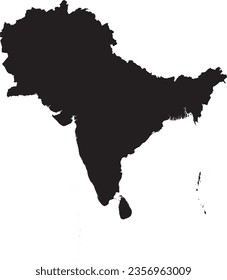 BLACK CMYK color detailed flat stencil map of the subcontinent of SOUTH ASIA on transparent background