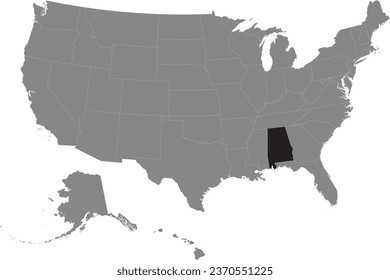 Black CMYK federal map of ALABAMA inside detailed gray blank political map of the United States of America on transparent background
