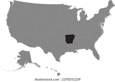 Black CMYK federal map of ARKANSAS inside detailed gray blank political map of the United States of America on transparent background