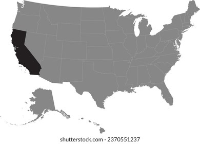 Black CMYK federal map of CALIFORNIA inside detailed gray blank political map of the United States of America on transparent background