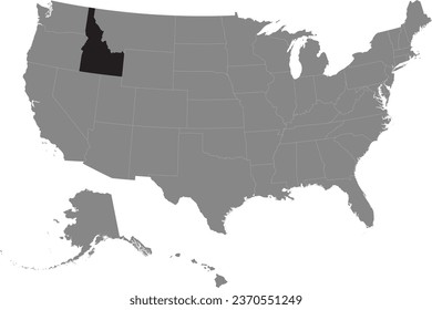 Black CMYK federal map of IDAHO inside detailed gray blank political map of the United States of America on transparent background