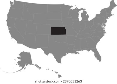 Black CMYK federal map of KANSAS inside detailed gray blank political map of the United States of America on transparent background