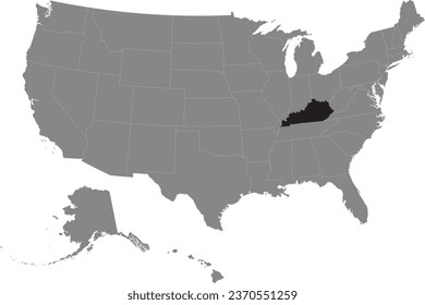 Black CMYK federal map of KENTUCKY inside detailed gray blank political map of the United States of America on transparent background