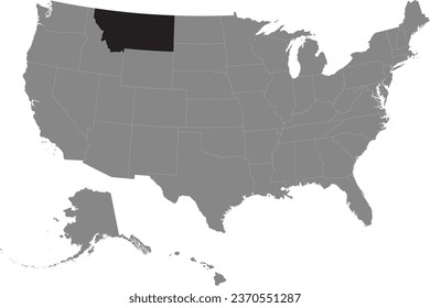 Black CMYK federal map of MONTANA inside detailed gray blank political map of the United States of America on transparent background