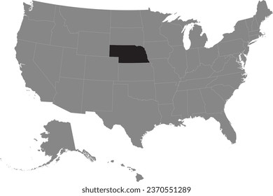 Black CMYK federal map of NEBRASKA inside detailed gray blank political map of the United States of America on transparent background