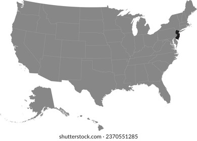 Black CMYK federal map of NEW JERSEY inside detailed gray blank political map of the United States of America on transparent background