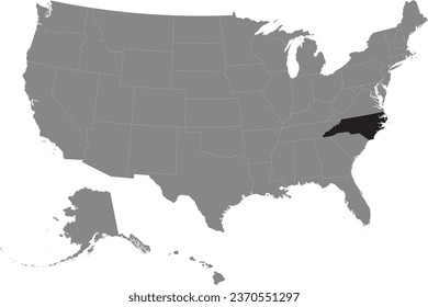 Black CMYK federal map of NORTH CAROLINA inside detailed gray blank political map of the United States of America on transparent background