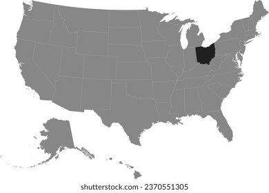 Black CMYK federal map of OHIO inside detailed gray blank political map of the United States of America on transparent background