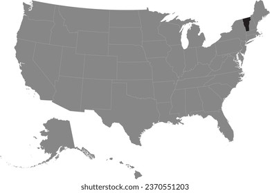 Schwarze CMYK-Bundeskarte von VERMONT innerhalb einer detaillierten, grauen, weißen politischen Karte der Vereinigten Staaten von Amerika auf transparentem Hintergrund