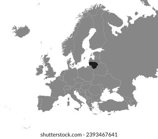 Black CMYK national map of LITHUANIA inside detailed gray blank political map of European continent on transparent background using Mercator projection
