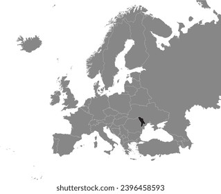 Black CMYK national map of MOLDOVA inside detailed gray blank political map of European continent on transparent background using Mercator projection