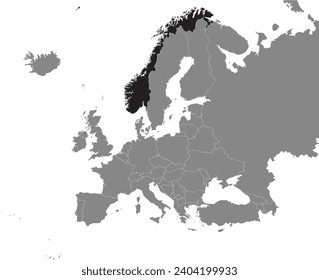 Black CMYK national map of NORWAY inside detailed gray blank political map of European continent on transparent background using Mercator projection