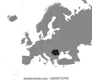 Black CMYK national map of ROMANIA inside detailed gray blank political map of European continent on transparent background using Mercator projection